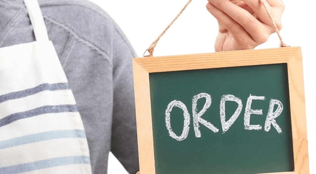Person holding order sign